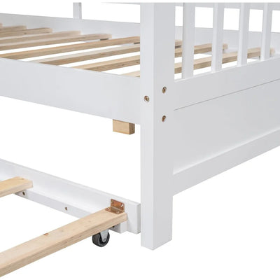 Twin Size House Bed with Trundle, Wooden Daybed Frame with Roof/Window/Guardrail and Storage Shelf for Kids, Teens Boys or Girls