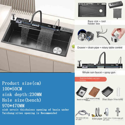 Hot selling Stainless Steel Waterfall Kitchen Sink With Knife Holder Digital Display Faucet Set Embossed Extra Large Single Slot