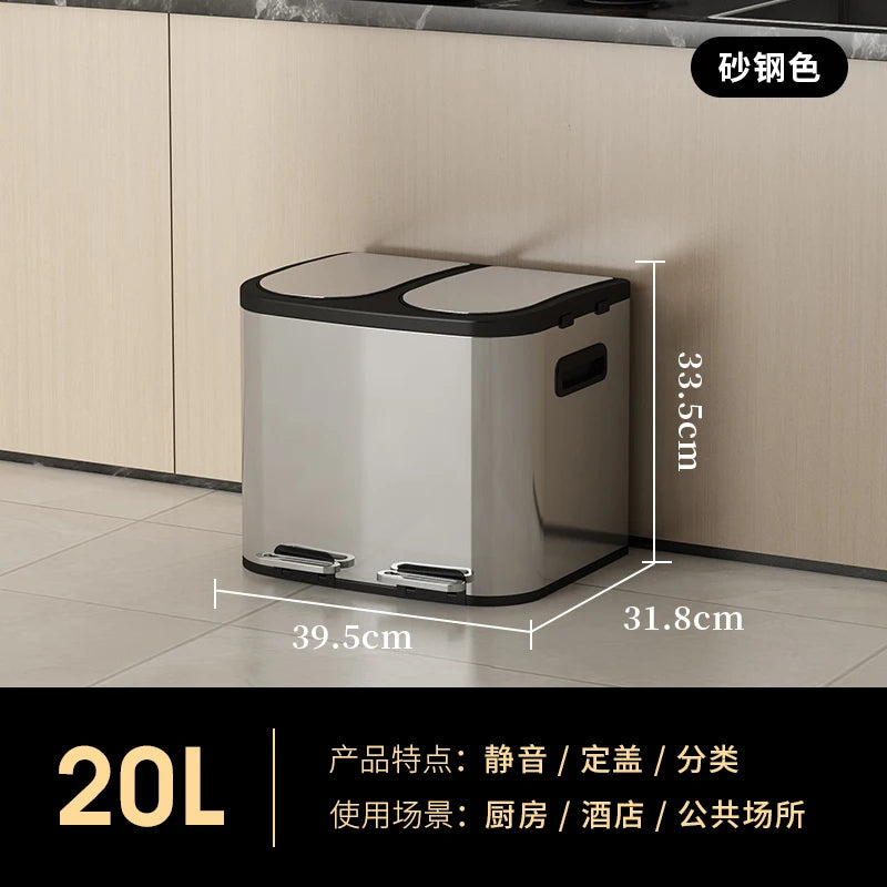 Kitchen Classification Garbage Bin 2-in-1 Household Dry Wet Separation Stainless Steel Pedal Double Bin with Lid Large Capacity