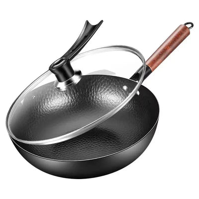 Carbon Steel Wok Pan 32cm Stir-Fry Pans with Wooden Lid Uncoated Flat Bottom Chinese Pan for Induction Electric Gas All Stoves