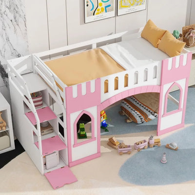 Twin Size Loft Bed with Storage Staircase and Window, Wood Playhouse Bed Frame with Storage for Boys, Girls, Gray,Pink