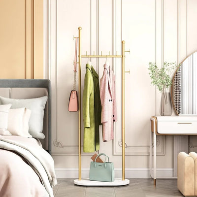 Gold Clothing Racks with Marble Base Modern Gold Coat Racks Freestanding Gold Clothes Rack with Shelves for Bedroom