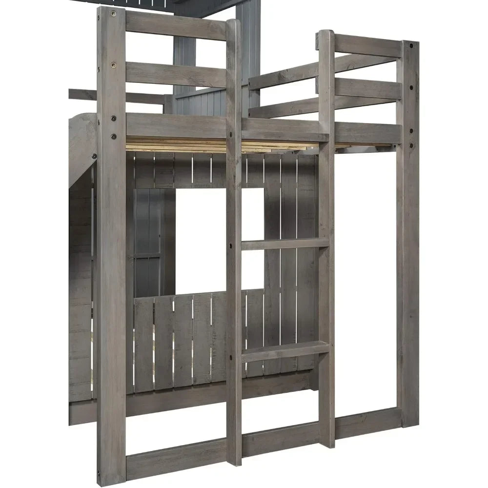 House Bunk Beds Twin Over Full Size, Wood Bunk Beds with Roof and Window Distressed Grey, Twin Over Full with Slide