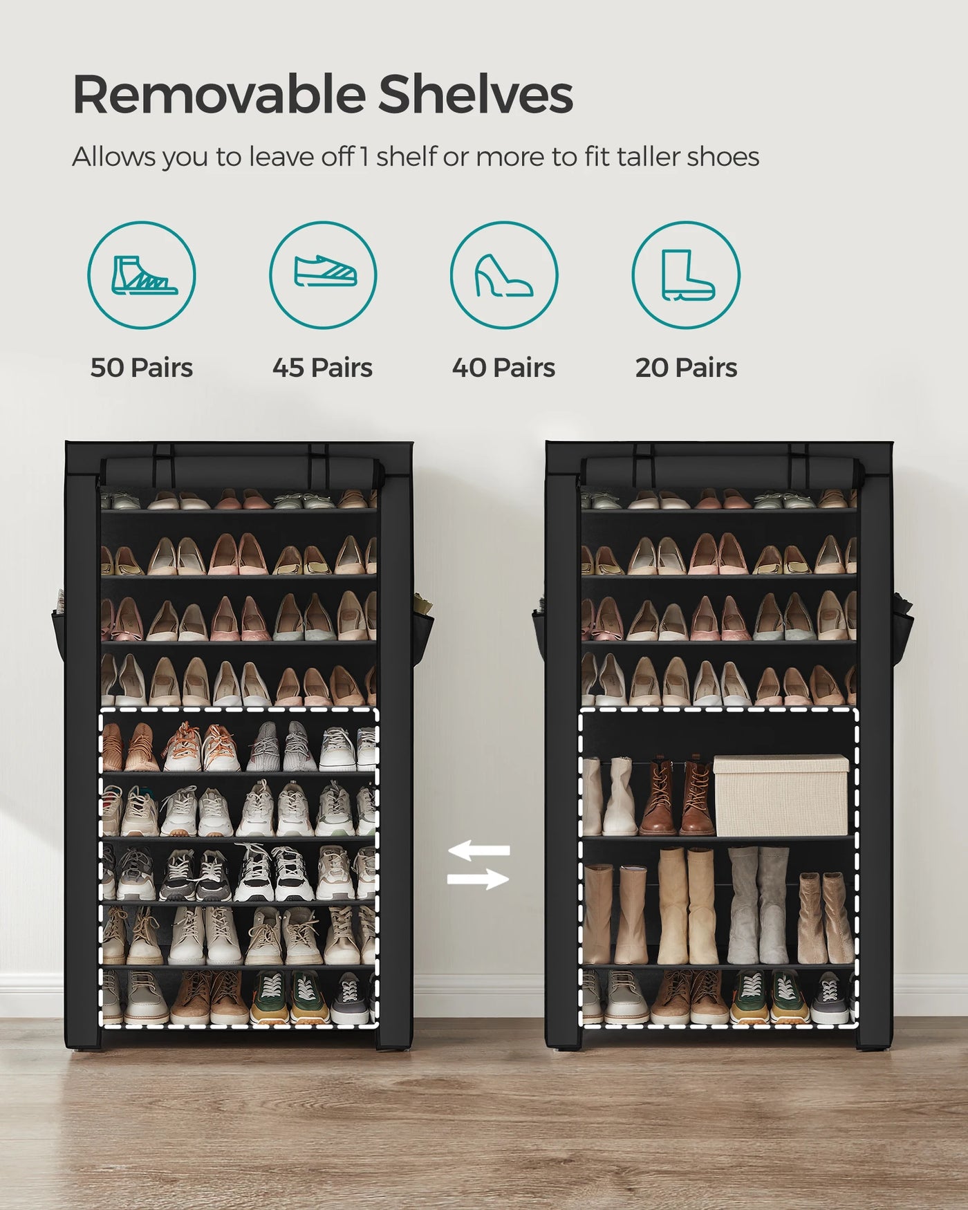 SONGMICS Shoe Rack, 9 Tier Shoe Organizer with Nonwoven Fabric Cover, Shoe Storage Shelf for 40-50 Pairs of Shoes, Entryway