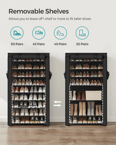 SONGMICS Shoe Rack, 9 Tier Shoe Organizer with Nonwoven Fabric Cover, Shoe Storage Shelf for 40-50 Pairs of Shoes, Entryway