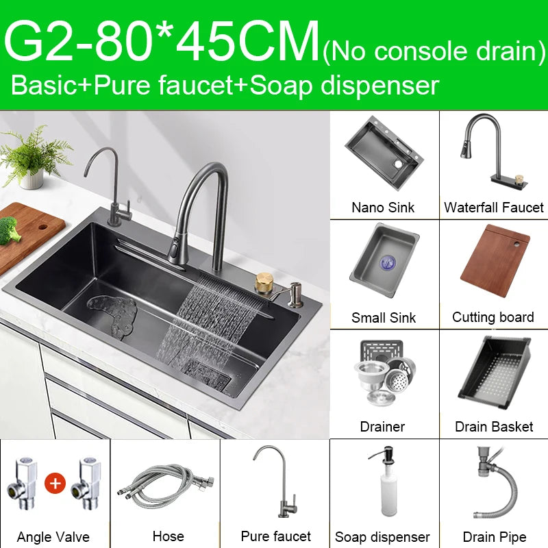 Multifunction Black Nano Kitchen Sink Waterfall Faucet Large Single Bowl Cup Washer Pure Tap Soap Dispenser 304 Stainless Steel