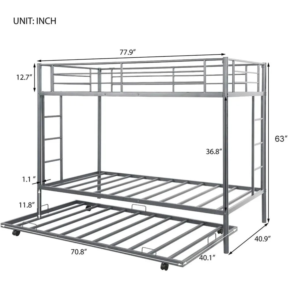 Metal Bunk Bed with Trundle, Twin Over Twin Bunk Bed Frame with Safety Guard Rails for Kids, No Box Spring Needed, Children Beds