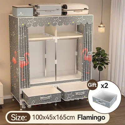 Small household simple wardrobe rental housing with all steel frame durable cloth with 2 drawers 4 shelving storage rack 2 hangi