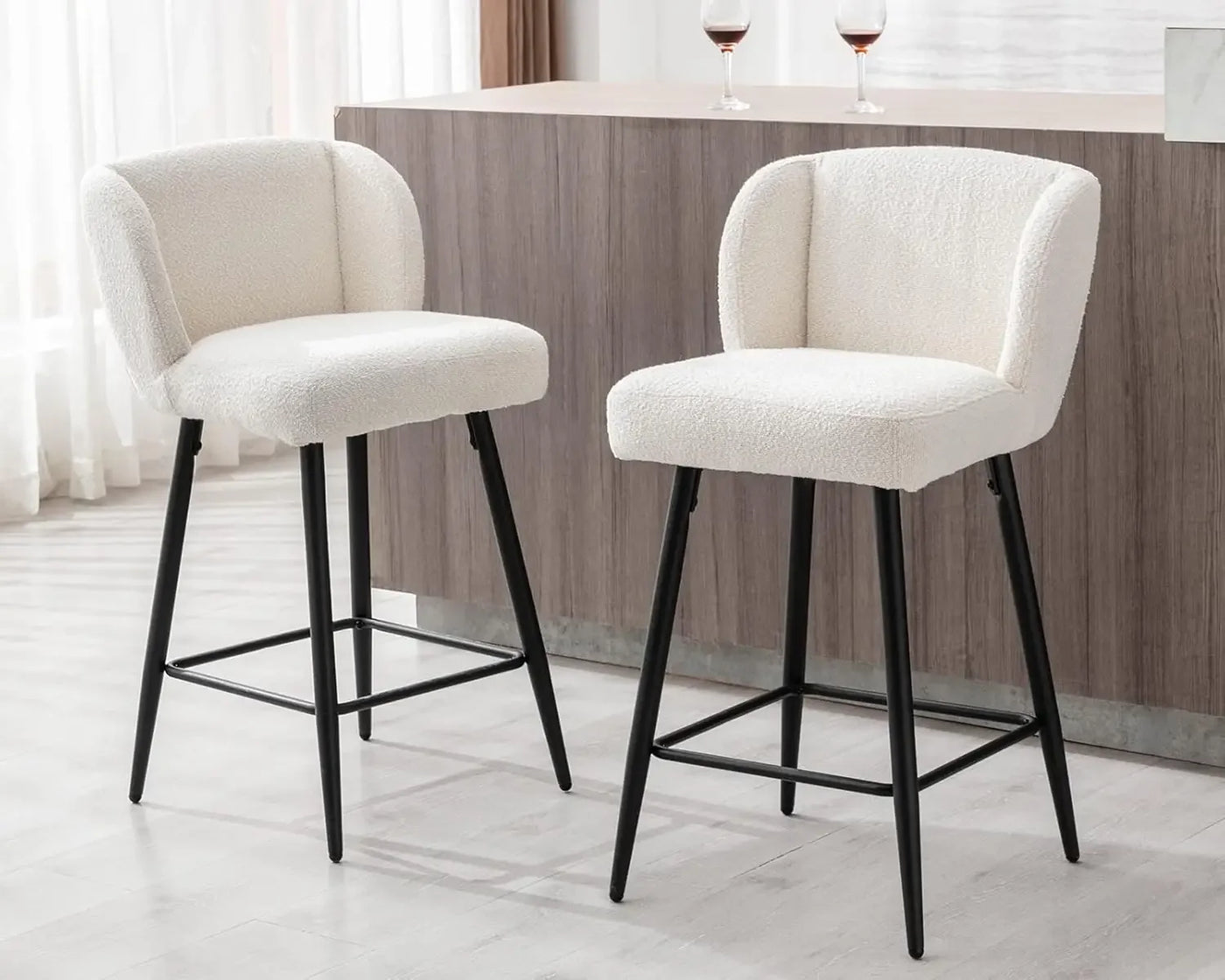 Modern Counter Height Bar Stools Set of 4, 26 Inch Faux Sherpa Upholstered Bar Stools with Back, 18" Seat Wide Island Stools