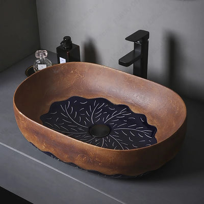 Ceramic Table Sink Bathroom Balcony Lavatory Vanity Sink Above Counter Wash Basin Countertop Vessel Sink Brown Art Basin Bowl