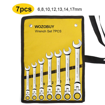 Flex Head Ratcheting Wrench Set,WOZOBUY Metric Ratchet Combination Wrenches Cr-V Gear Spanner Set Car Key Wrench Repair Tool Set