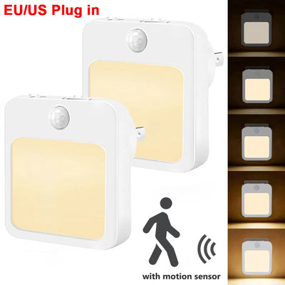 US EU Plug-in Night Light For Kids Room Motion Sensor Dimmable Wireless Hallway Lamp Auto Dusk to Dawn Stairway LED Lights Decor