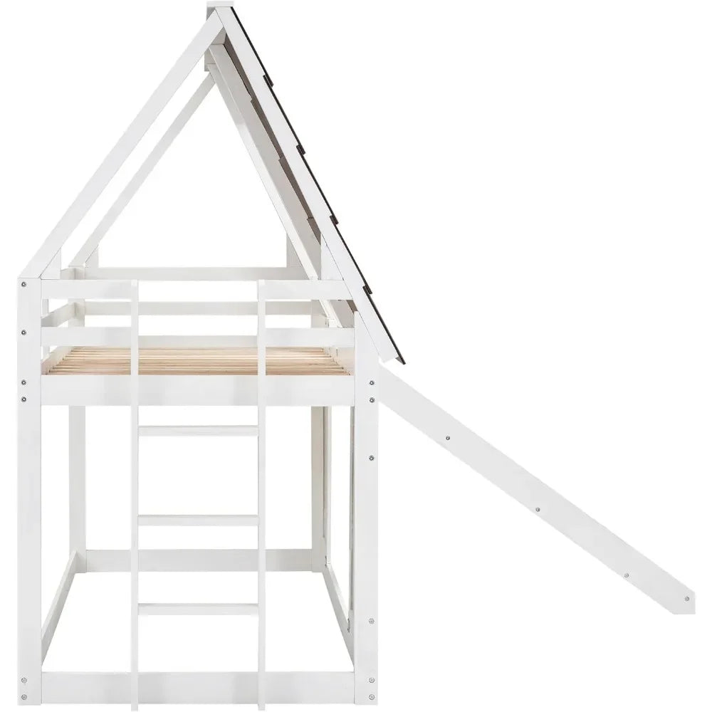 Bunk Bed, Twin Over Twin House Bunk Bed Frame with Roof, Window, Ladder and Slide for Boys Girls, Children Beds