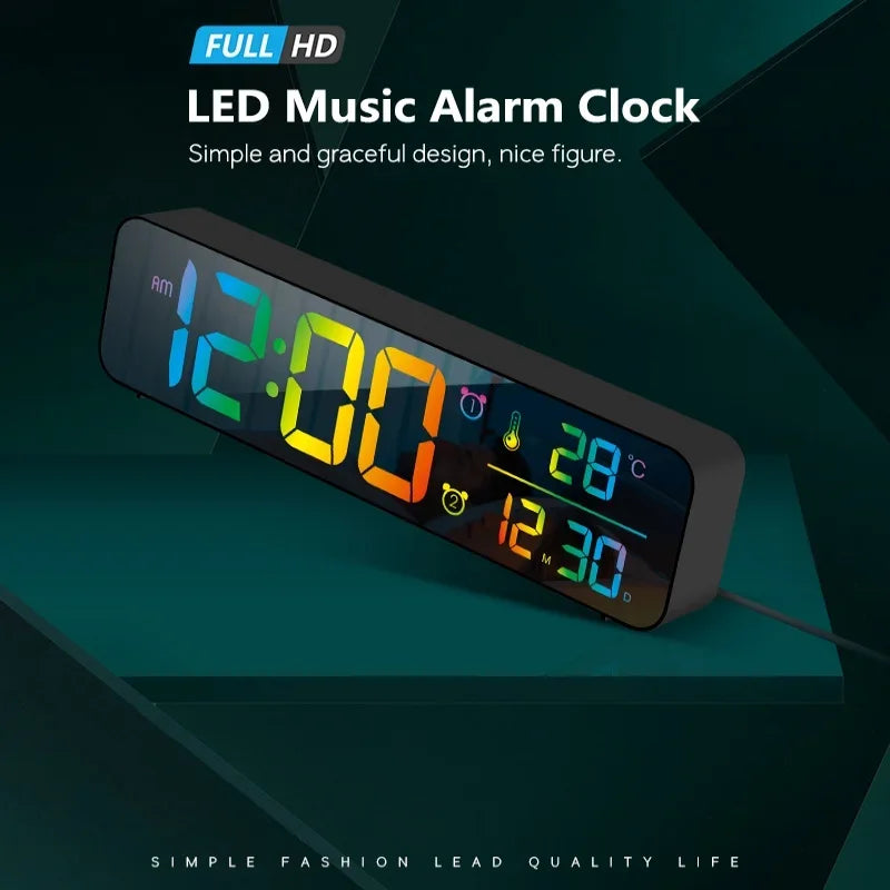 Large Music Digital Wall Clock Temperature Date 5 Level Brightness 12/24H 2 Alarms USB Powered Mirror LED Alarm Clock