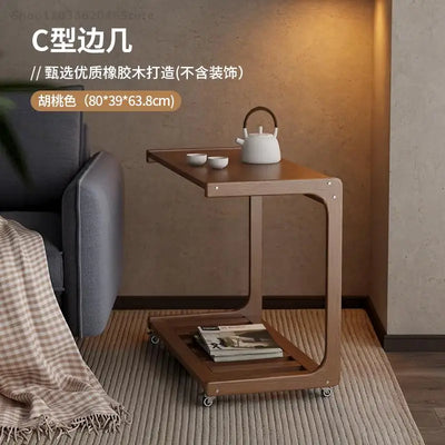 Solid Wood Sofa Side Table Cabinet Movable Table With Wheels Mini Coffee Table Living Room Small Apartment C- Shaped Small Tea