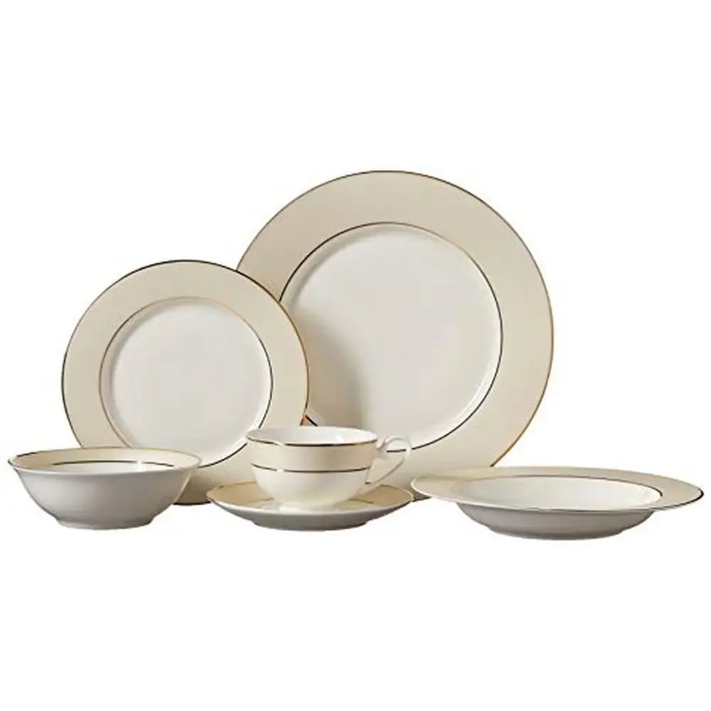 Elegant 57-Piece Bone China Dinnerware Set 24K Gold Trim Beige Border Dishwasher Safe Dining Collection