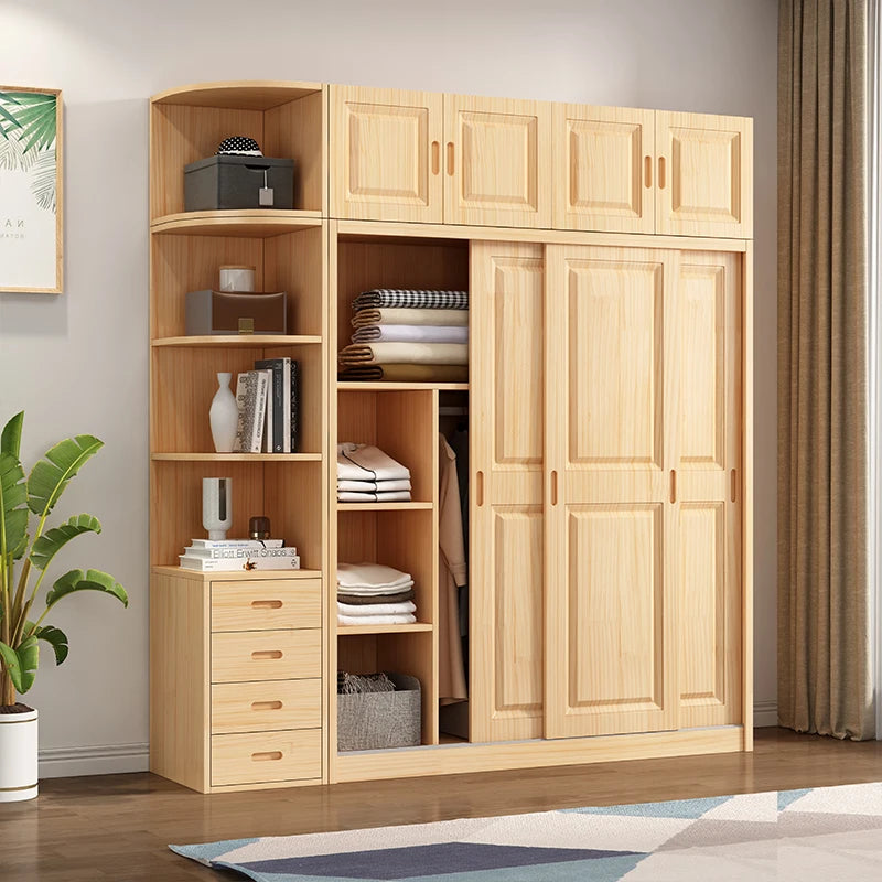 All solid wood pine sliding door wardrobe modern log children's clothes cupboard simple wardrobe home bedroom locker