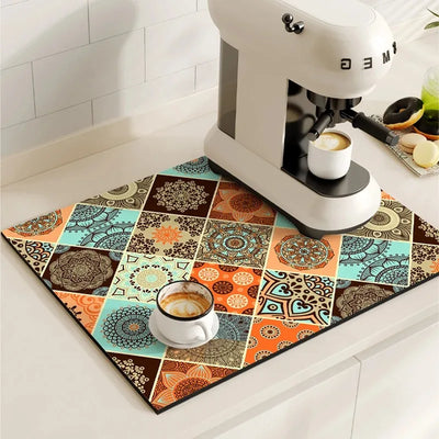 Coffee Maker Mat Retro Dish Drying Mats for Kitchen Non-slip Draining Pad Quick Dry Tableware Placemat Dinnerware Washable