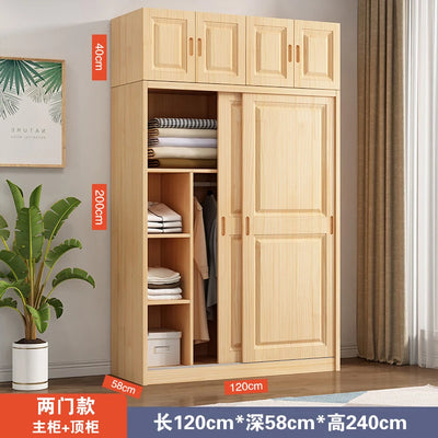 All solid wood pine sliding door wardrobe modern log children's clothes cupboard simple wardrobe home bedroom locker