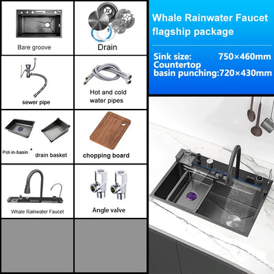 100x50cm Stainless Steel Waterfall Kitchen Sink With Knife Holder Digital Display Faucet Set Embossed Extra Large Single Slot