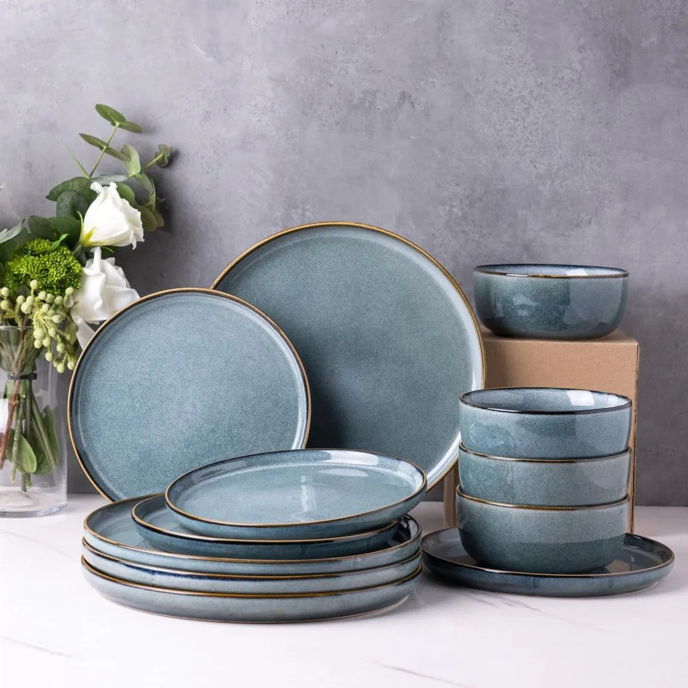 Ceramic Dinnerware Sets for 4, 12 Pieces Stoneware Plates and Bowls Sets, Reactive Glaze Dishes