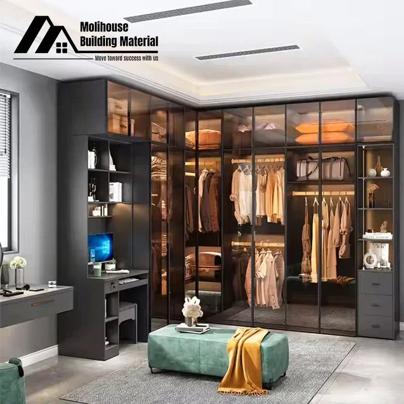 Design Black High Gloss Lacquered Wardrobe Dark Style Walk-in Wardrobe Clothes Bedroom Furniture with Glass Doors