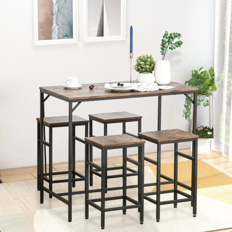 5-Piece Industrial Dining Table Set, Bar Table & 4 Stools Set, Space Saving for Pub & Kitchen, Black/Brown