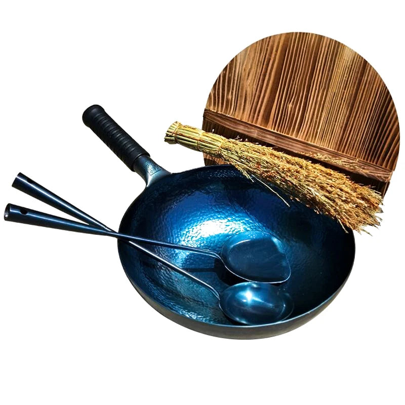 Chinese Iron Woks Set,32/34/36cm Hand Hammered Non-stick Gas Pot and Frying Pan Thickened Uncoated Wok,Wood lid,iron Utensil Set