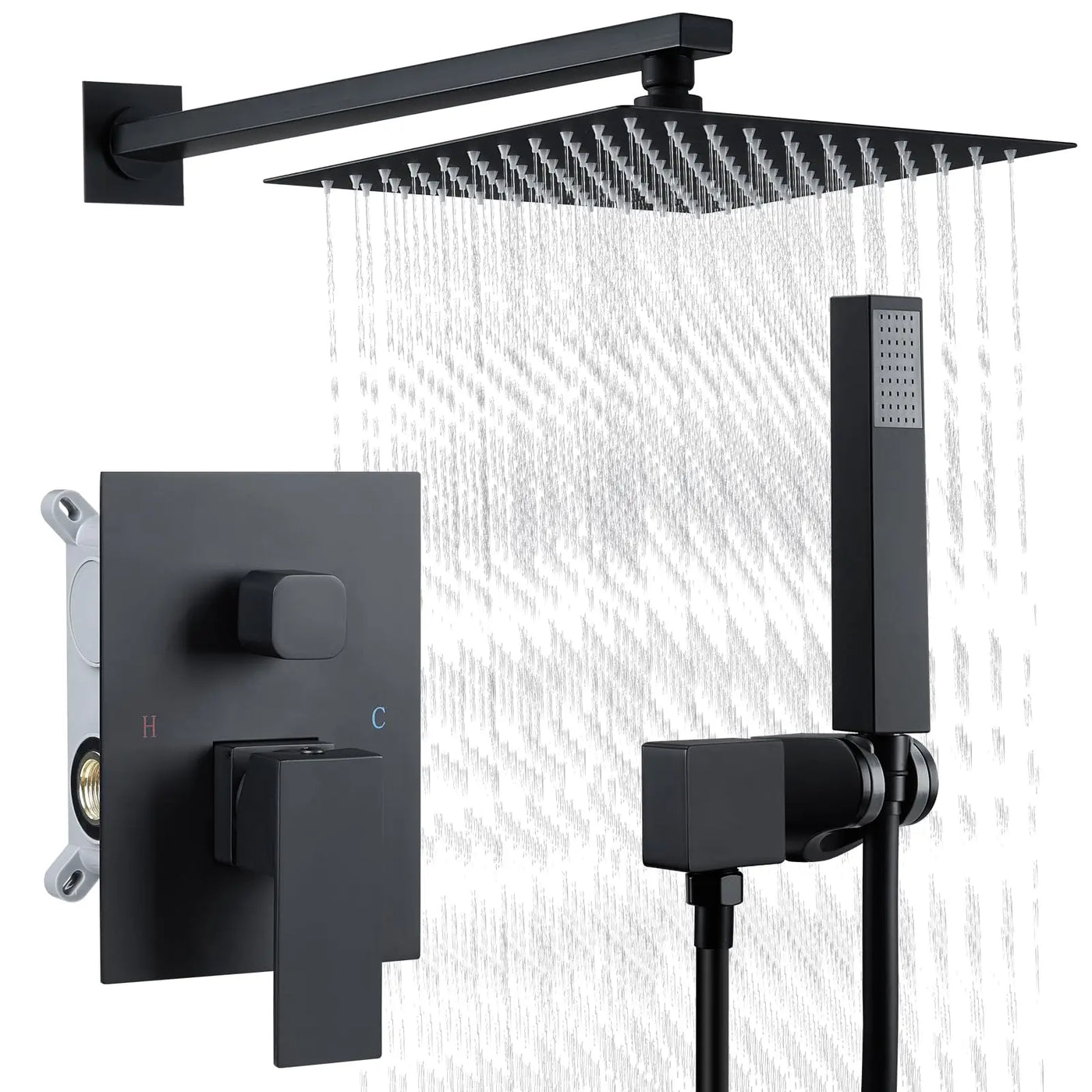 Shower Faucet Set Matte Black Shower System, with 10 inch Shower Head and Handheld Spray Rain, 2 in 1 Wall Mounted