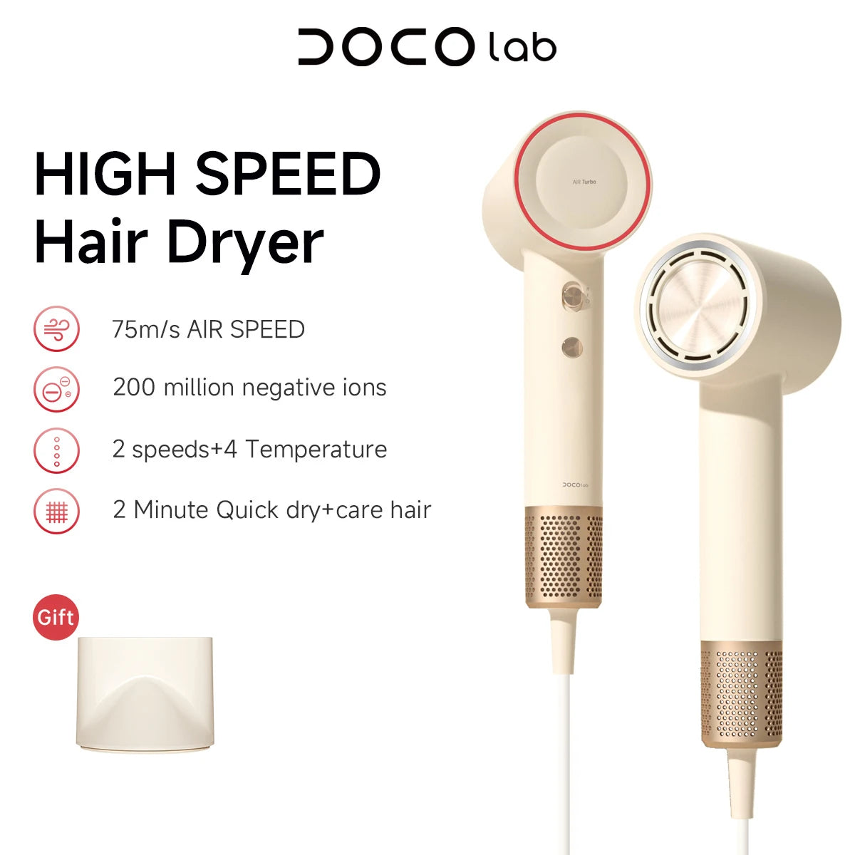 DOCO High Speed Hair Dryer 75m/s 200 million Negative Ions Hair Care 11000 Rpm Professional Lightweight Home Travel Gift