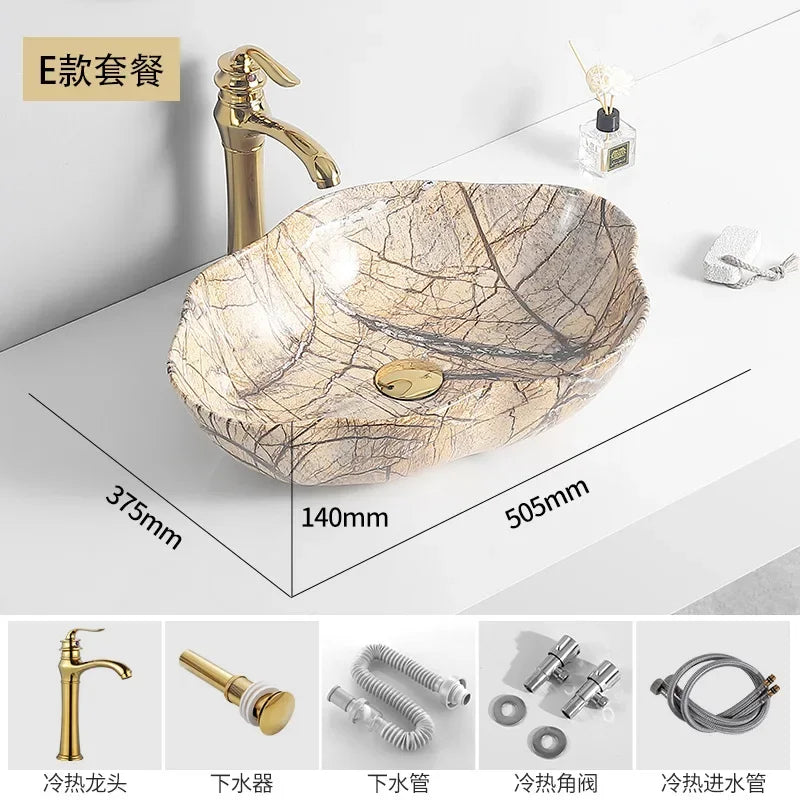 Ceramic Washbasin Marble Pattern Countertop Sinks Luxury Hotel Art Basin Flower Shape Bathroom Hand Wash Vessel Sink 50*37*14cm