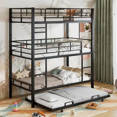 Triple Bunk Bed with Trundle Metal 3 Single Beds 2 Ladders Safety Rails Sturdy & Stylish Twin/Twin/Twin Space-Saving Design