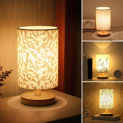 Wooden Table Lamp USB Powered Bedside Lamp Night Lights Bedroom Atmosphere Light with Cylinder Lamp Shade Hotel Home Decor