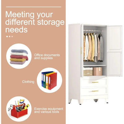 Metal Armoire Wardrobe Closet, Bedroom Clothing Storage Cabinet with 2 Drawers and Hanging Rod, Freestanding Armoire