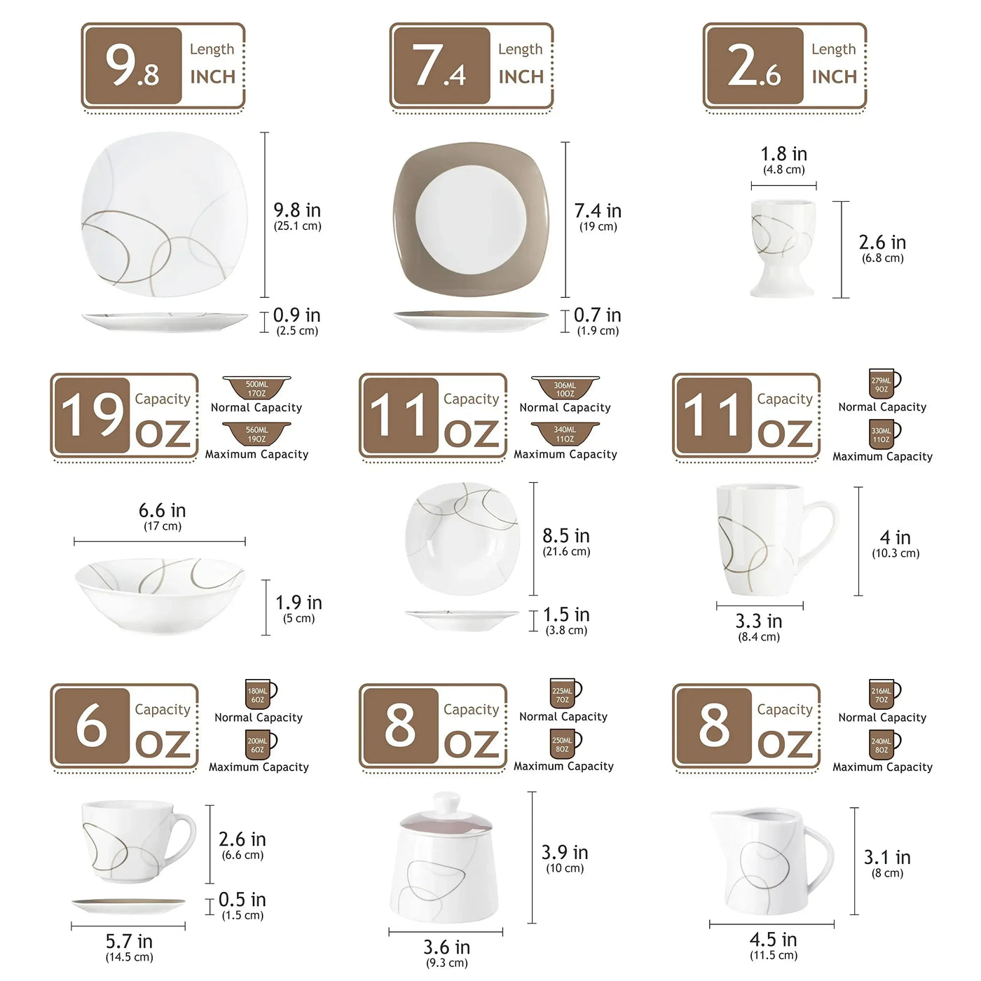 VEWEET, Series Nikita, 50-Piece Dinnerware Sets for 6, Including Porcelain Plates Sets, Bowls, Mugs, Egg Cups, Cup and Saucer Se