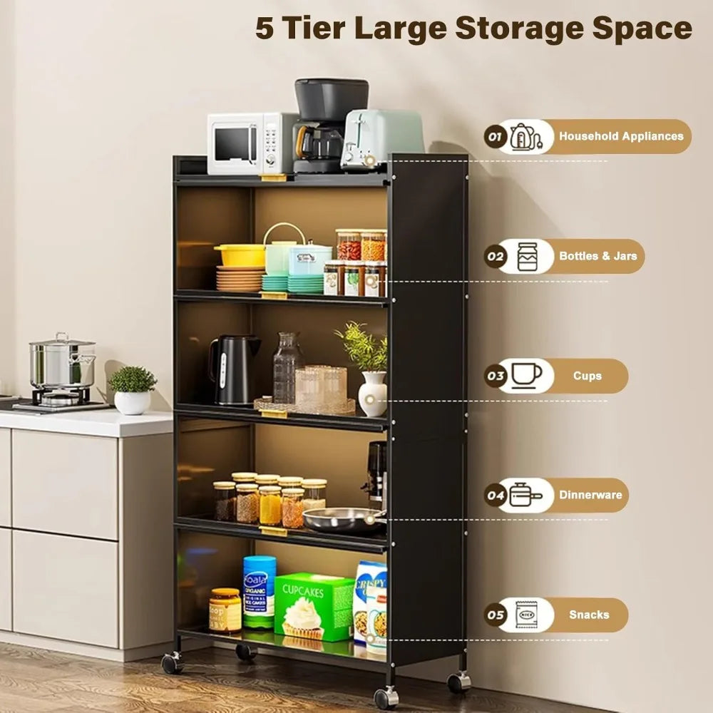 Kitchen Storage Cabinets,5 Tiers Bakers Rack for Kitchens with Storage,Microwave Stand,Kitchen Shelves and Transparent Flip Door