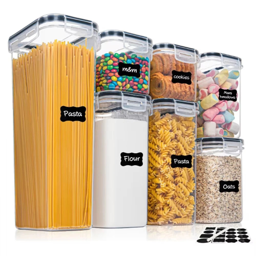 7pcs-set Home Kitchen Food Storage Box Food Rice Spices Cereal Candy Sealed Container Jar with 10stickers and Pen Storage Cans