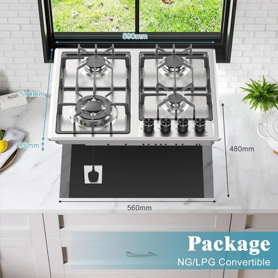 4 Burners Gas Stove Top, LPG/NG Dual Fuel Built-in Gas Hob, Flame Out Protection Prevent Gas Leakage