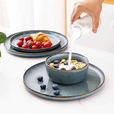 Ceramic Dinnerware Sets for 4, 12 Pieces Stoneware Plates and Bowls Sets, Reactive Glaze Dishes