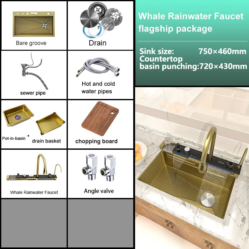 Stainless Steel Waterfall Kitchen Sink Embossed Extra Large Single Slot Digital Display Multifunctional Oversized Sinks 100x50cm