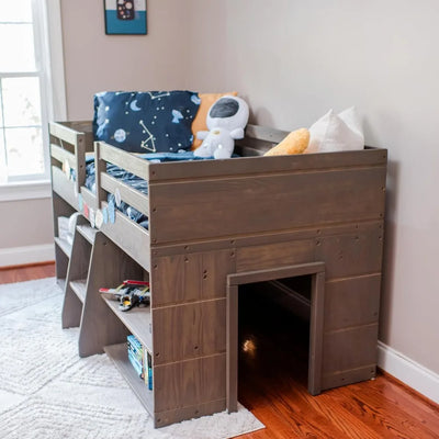 Modern Farmhouse Low Loft Bed, Twin Bed Frame for Kids with 2 Bookcases, Driftwood