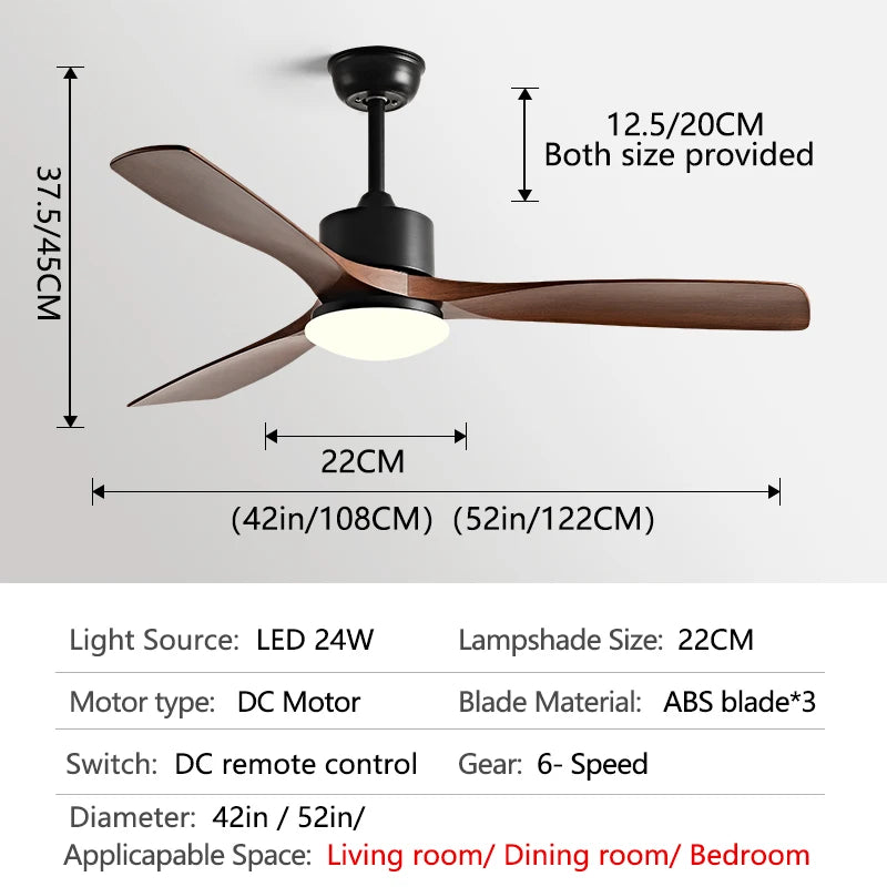 36/42/52 Inch white Black 3 ABS Blade Pure Copper DC 30W Motor Ceiling Fan With 24W LED Light Support Remote Control