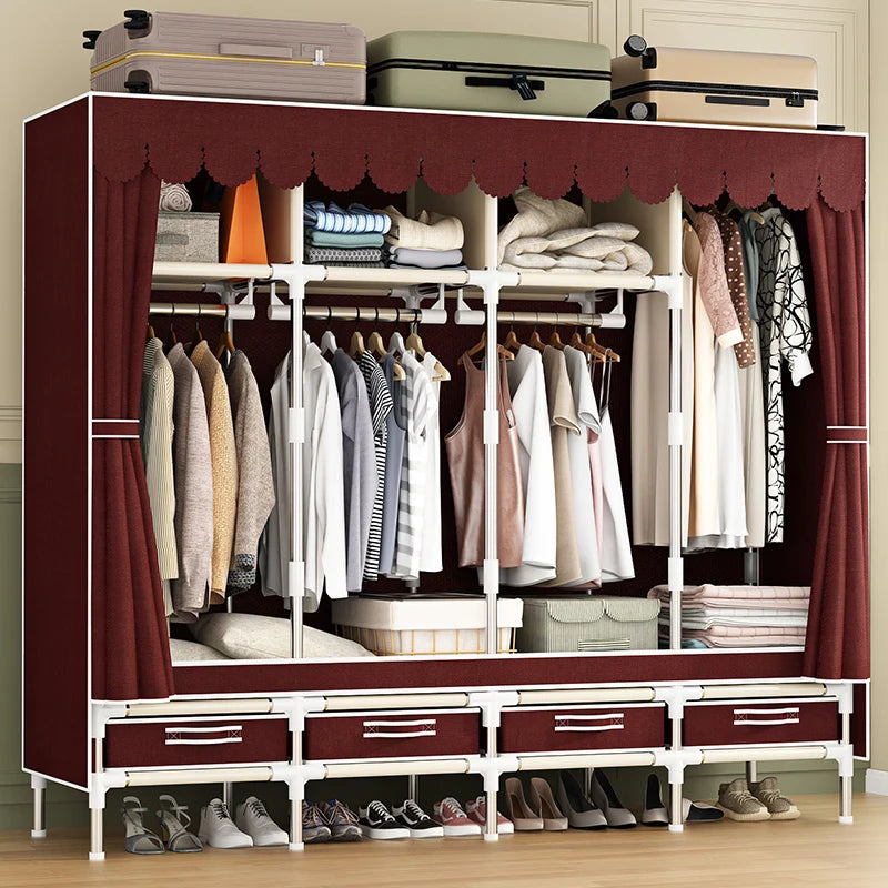 Simple wardrobe with drawers, fabric, dust-proof and durable assembly, suitable for dormitory, bedroom, rental room