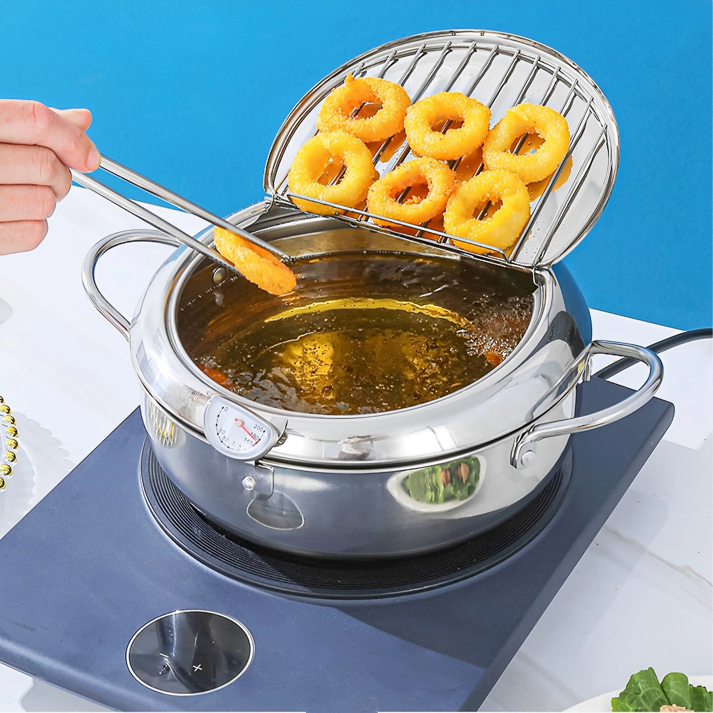 Stainless Steel Oil Pan Household Thermometer With Cover Tempura Oil Fryer Small Oil Saving French Fries Frying Pan Kitchen tool