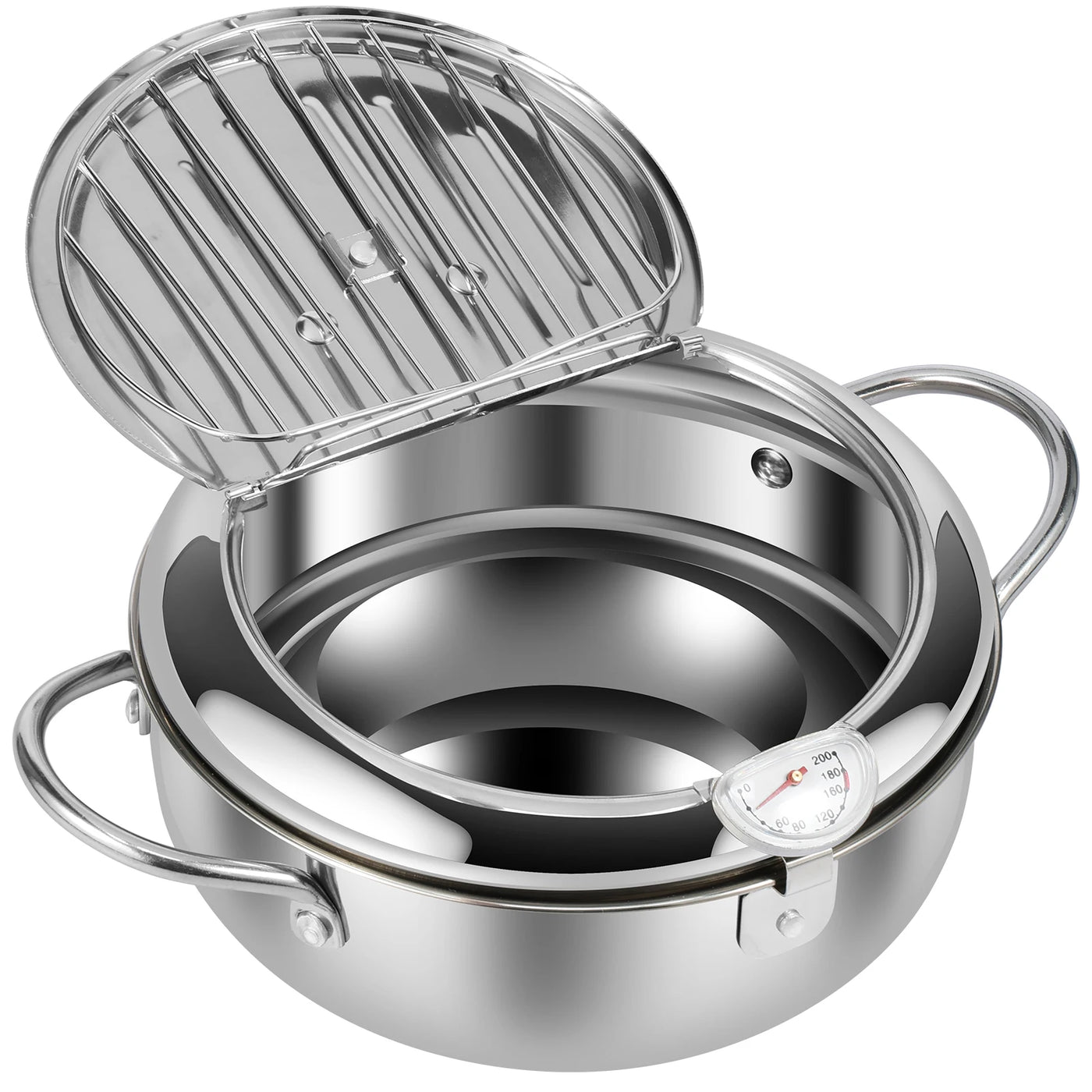 Deep Fryer Pot with Strainer Basket and Thermometer Stainless Steel Deep Frying Pot with Handle 3 Sizes Oil Mini Fryer