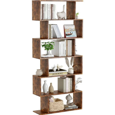 S Shaped Bookshelf, Modern Geometric Bookcase, 6-Tier White Display Case Book Shelf