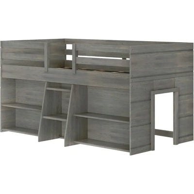 Modern Farmhouse Low Loft Bed, Twin Bed Frame for Kids with 2 Bookcases, Driftwood