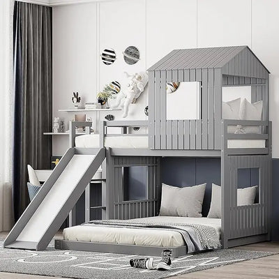 House Bunk Beds Twin Over Full Size, Wood Bunk Beds with Roof and Window Distressed Grey, Twin Over Full with Slide