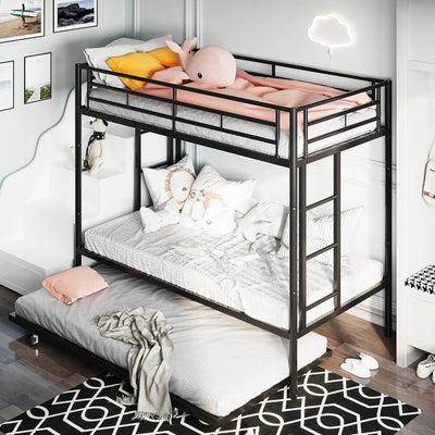 Metal Bunk Bed with 2 Secured Ladders, Trundle, Safety Guard, Space-Saving, Noise Free for Small Bedroom, (Black)