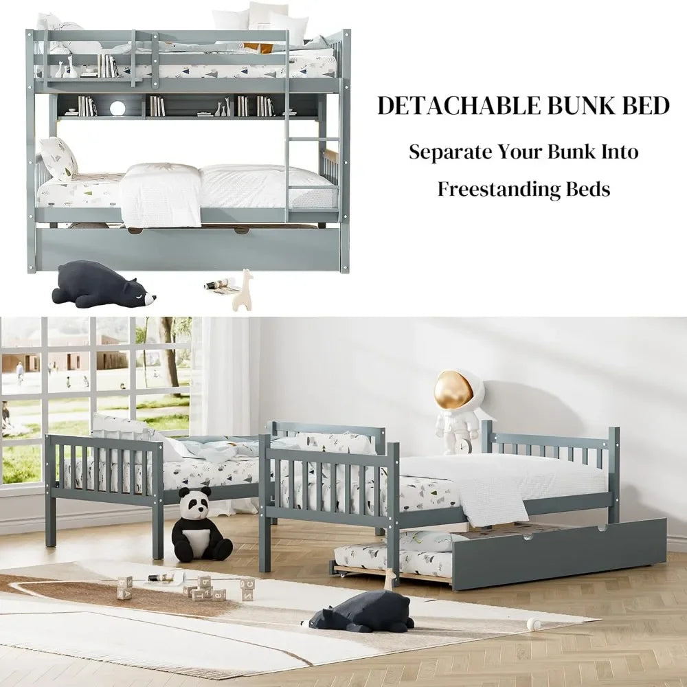 Twin Over Twin Bunk Bed with Trundle, Convertible to 2 Twin Size Platform Bed, Included Built-in Shelves, Size Bunk Bed